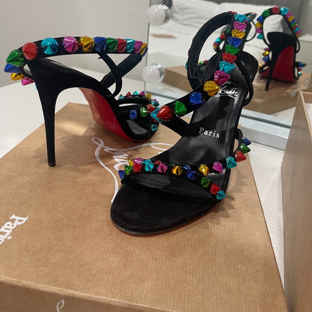 CHRISTIAN LOUBOUTIN Spikita 100 mm black and rainbow suede sandal heels - Picture 2 of 7